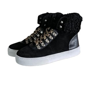 Sam‎ Edelman Luther Black Suede Platform Sneaker Faux Shearling Trim 6.5